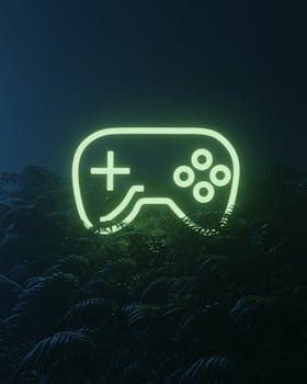A glowing neon game controller icon floats above dark, lush foliage, creating a surreal gaming ambiance.