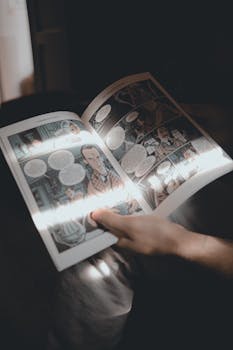 A person reading a comic book illuminated by soft sunlight indoors.