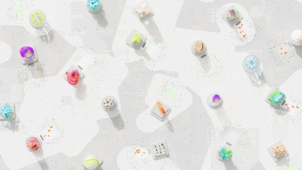 A vibrant 3D render of geometric shapes scattered over a circuit-like background.