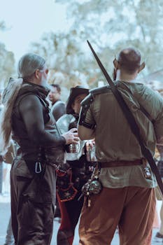 Adults in fantasy costumes gather outdoors, immersed in a lively festival setting.