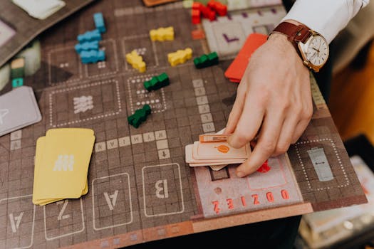 Close-up of a hand playing a board game with cards and colorful pawns.