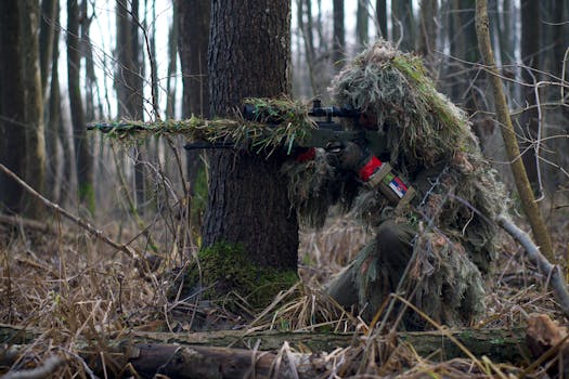 Sniper in camouflage gear taking aim in a dense forest environment.