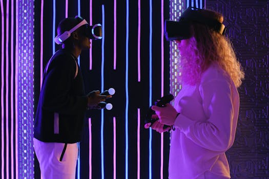 Two adults enjoying virtual reality gaming in a vivid neon-lit room for an immersive experience.
